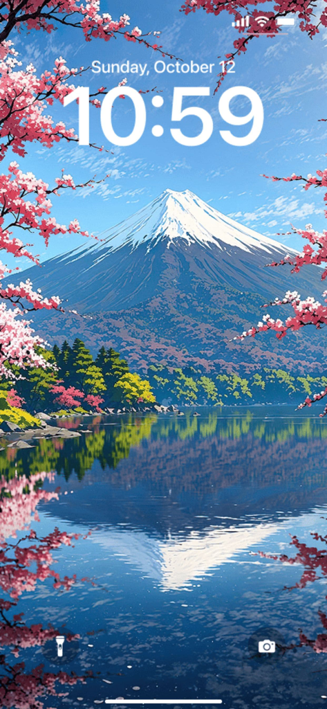 Aesthetic Wallpaper: MoodyWall - Pantalla de bloqueo de iPhone con fondo de pantalla estético de montaña y flor de cerezo