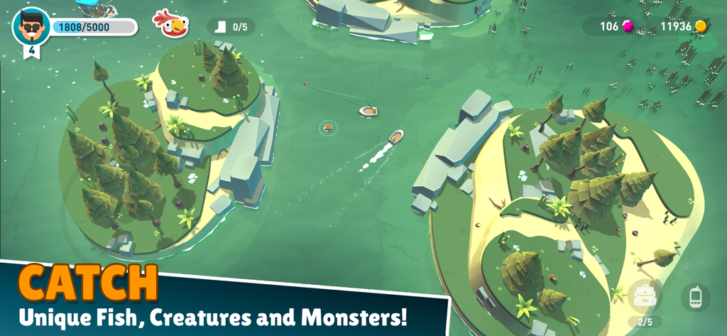 Vista aérea de un jugador navegando en un bote entre islas tropicales en el juego de aventura de pesca Creatures of the Deep.