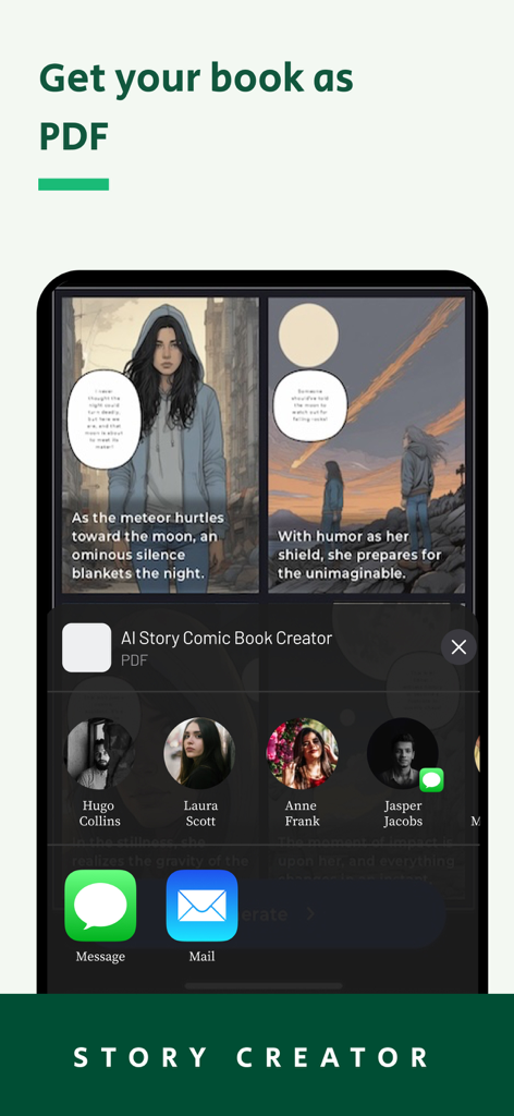 AI Story Generator: Comic Book - PDFとしてAI生成コミックブックをエクスポートおよび共有するオプションを表示するインターフェース