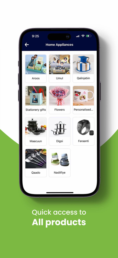 Geenyo app screen showing various home appliances and gift categories for quick shopping