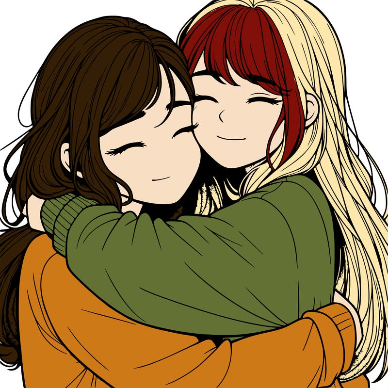 realistic two girls hugging
