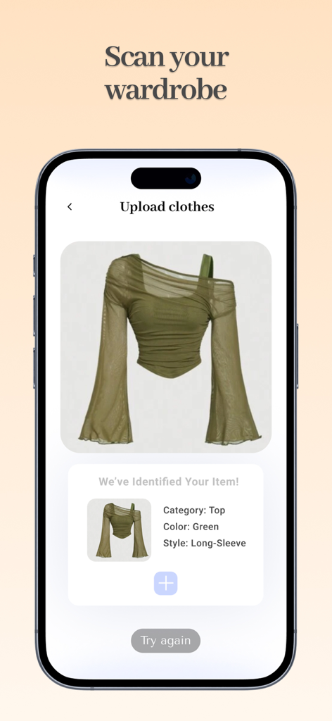 Closetly app screen demonstrating AI identification of a green top during wardrobe scanning.