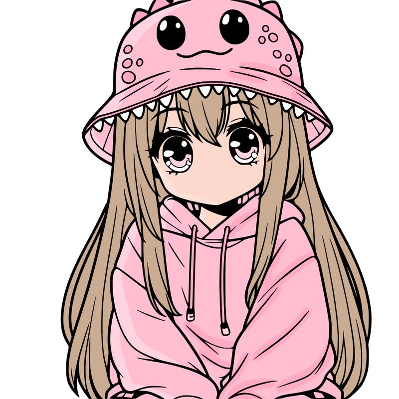 girl with anime shaped eyes with a dinosaur bucket hat oversized sweatshirt long straight hair