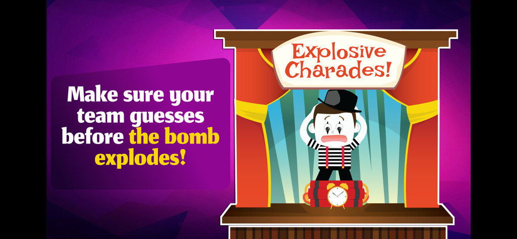 Charades - Guessing Party Game - Pantalla del juego Explosive Charades con un mimo actuando sobre una bomba que hace tictac en un escenario.