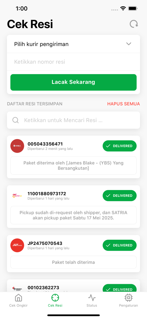Kiriman: Cek Resi & Ongkir - Interface of the Kiriman app showing a list of delivered packages with tracking numbers for various Indonesian courier services.