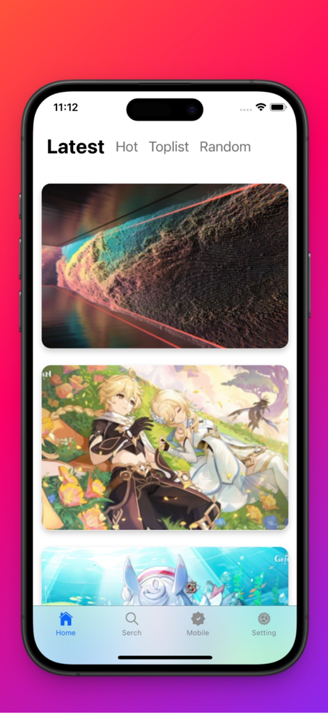 Interface de l'application wallhaven Pro montrant une galerie de fonds d'écran de haute qualité sur iPhone