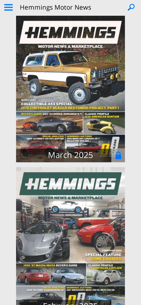 Hemmings Motor News - Hemmings Motor News app interface displaying digital magazine covers and classic car marketplace listings.