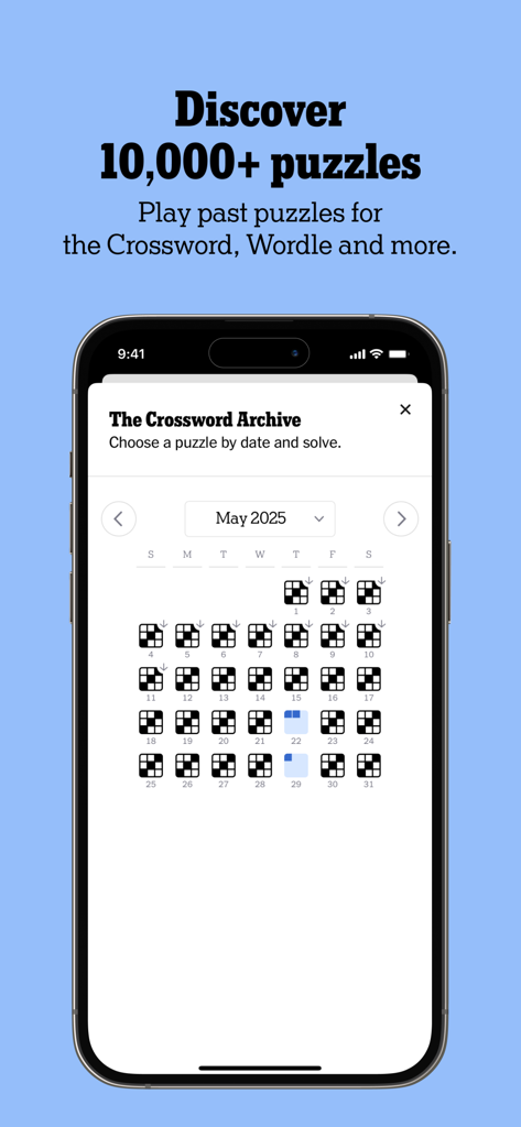 Mobilbildschirm, der die Kalenderansicht des New York Times Kreuzworträtsel-Archivs zeigt