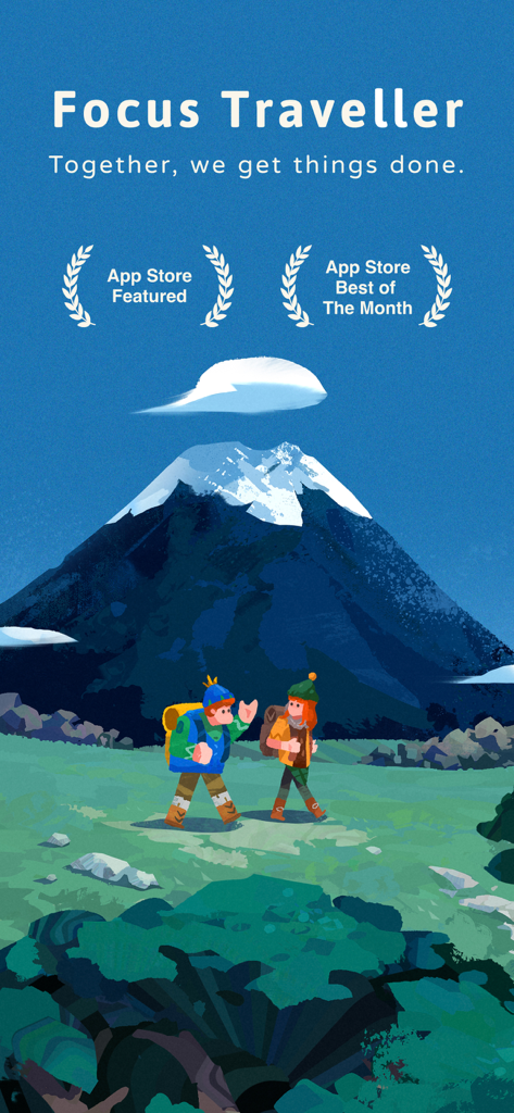 Two animated hikers walking through a field towards a large snow-capped mountain in the Focus Traveller app