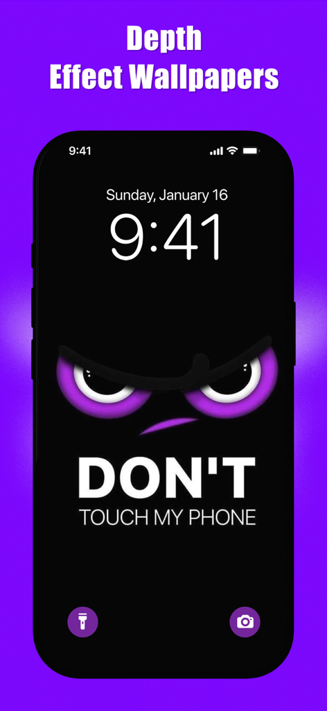 Dont Touch My Phone Wallpapers - iPhone lock screen with a black wallpaper featuring angry purple eyes and the text Don't Touch My Phone