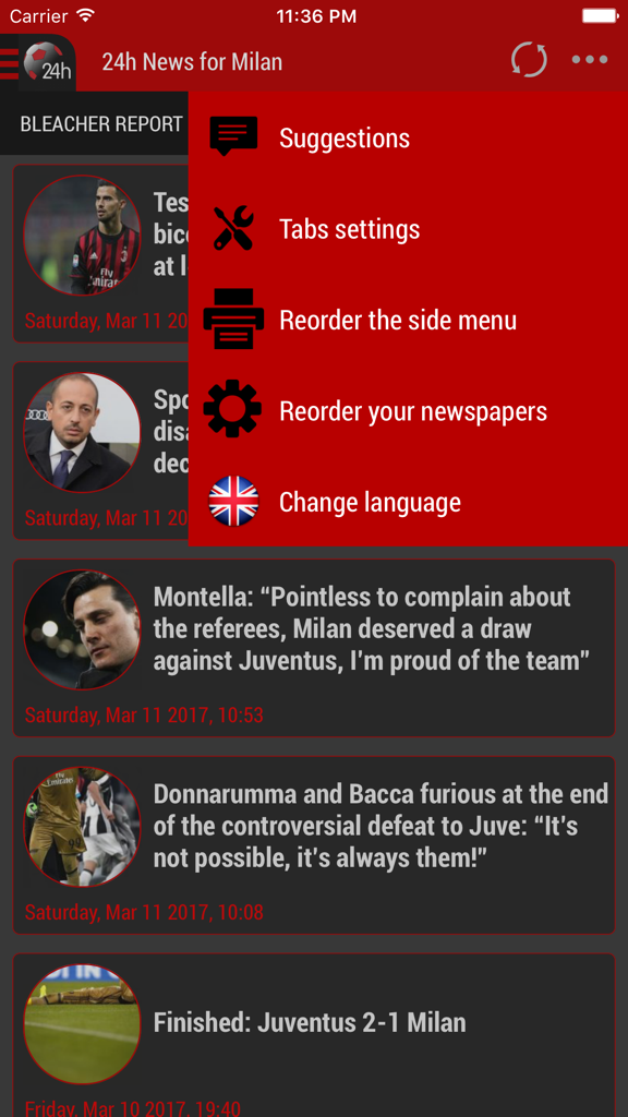 Milan 24h - The settings menu of the Milan 24h app showing customization options and a feed of AC Milan football news.