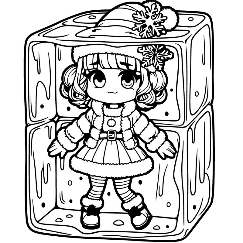 detailed girl trapped inside a ice block in a christmas outfit