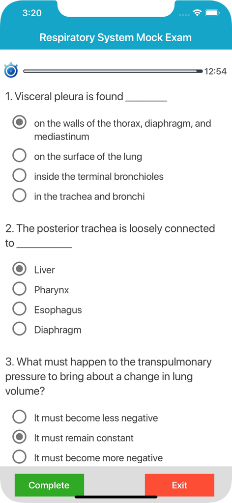 Respiratory System Quizzes - Interface de simulado para anatomia do sistema respiratório com perguntas de múltipla escolha e um cronômetro