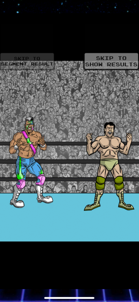 Retro-style wrestling match simulation in 80s Mania Wrestling Returns featuring two colorful parody wrestlers in a ring