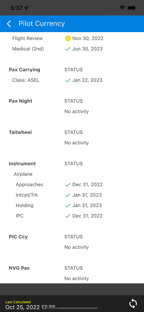 ZuluLog Pilot Logbook and EFB - ZuluLog app pilot currency dashboard showing tracking for FAA flight requirements and medical status