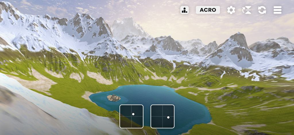 FeelFPV - Jugabilidad del simulador de drones FeelFPV que muestra un paisaje montañoso nevado con un lago y controles de vuelo virtuales en modo Acro