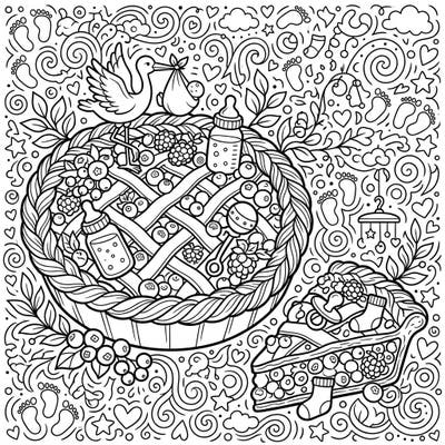 Indulge in the joy of a new arrival with this delightful berry pie baby shower coloring page. It's brimming with charming details, from delicious pastries to playful baby elements, perfect for celebrating.