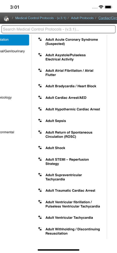 A list of adult emergency medical protocols on the AHS EMS app including cardiac arrest and sepsis