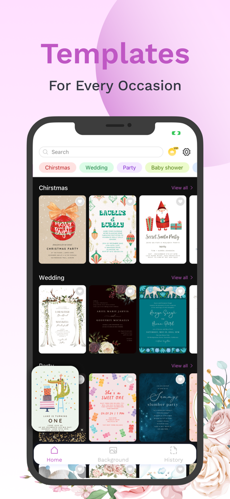 Party Invitation Cards Maker + - Interface d'application mobile affichant divers modèles de cartes d'invitation pour les mariages, Noël et les fêtes.