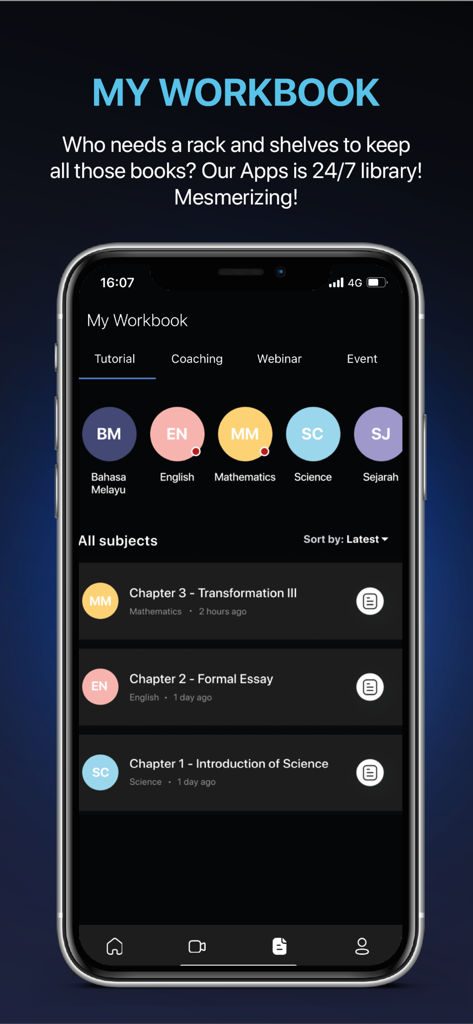PTTI-Better Result - Meine Arbeitsmappe-Oberfläche in der PTTI-App, die Kapitel für Mathematik, Englisch und Naturwissenschaften anzeigt
