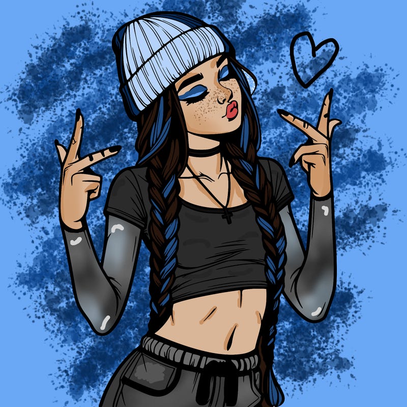 realistic teenage girl with braids and a beanie and crop top doing 🫶🏼