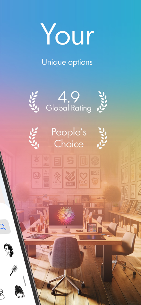 Logo Maker & Design Creator ‣ - Logo Maker app screen displaying a 4.9 global rating and people's choice award over a creative studio background