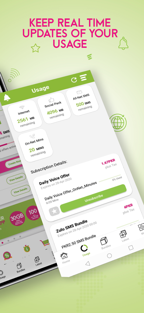 Usage dashboard in the My-Zong app showing remaining data and minutes