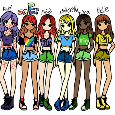 a group of girls wearing crop tops and shorts