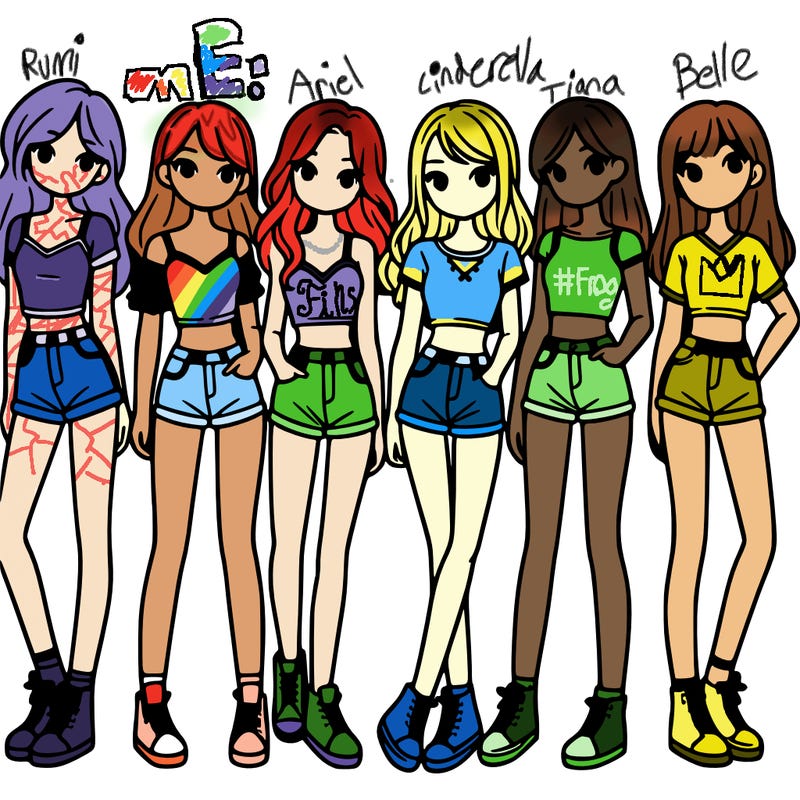 a group of girls wearing crop tops and shorts