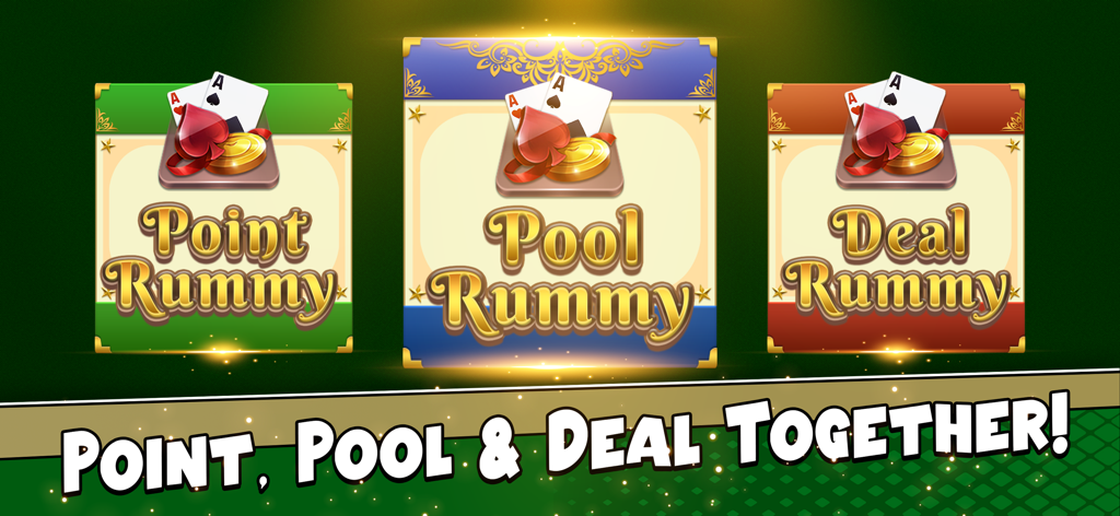 Rummy - The Card Game - Menú principal de Rummy The Card Game mostrando los modos de juego Rummy de Puntos, Rummy Pool y Rummy de Rondas