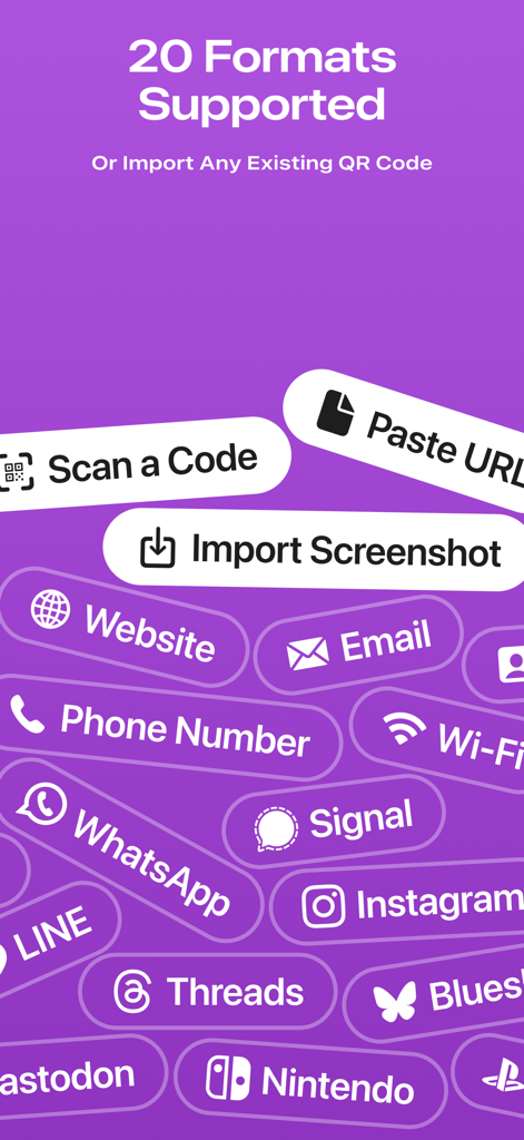 Quick Codes – QR Code Creator - Quick Codes app screen showing various supported QR code formats for social media and business links