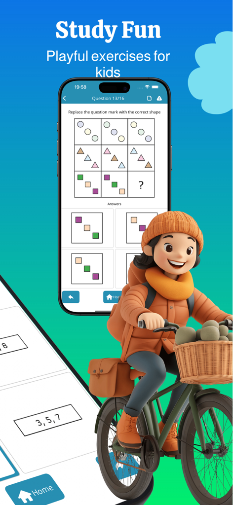 WISC-V test preparation app displaying a logic pattern question for children with a playful cartoon character