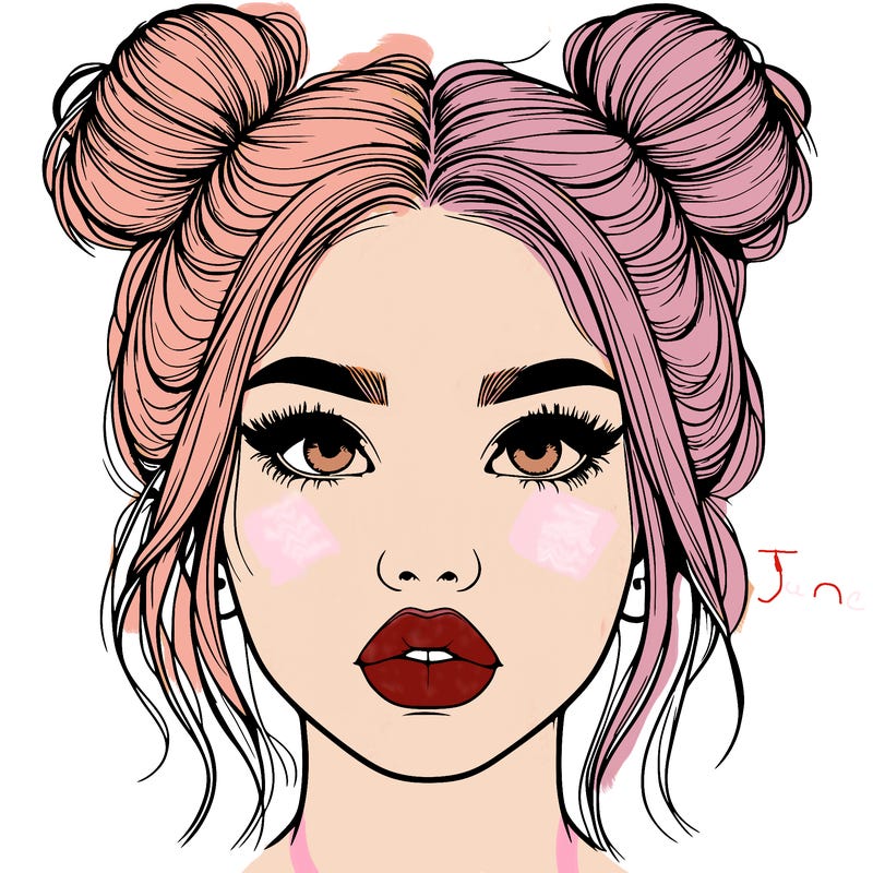 realistic girl with two buns on her hair and lips