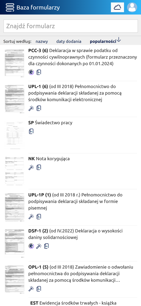firmly - Uma lista de vários formulários fiscais e empresariais poloneses dentro da interface do aplicativo móvel firmly.