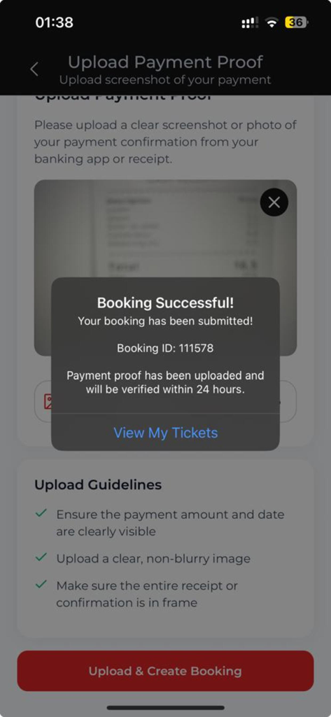 CityBus - Captura de ecrã da aplicação CityBus mostrando uma mensagem de confirmação de reserva bem-sucedida após o carregamento do comprovativo de pagamento