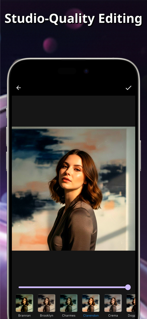 Photogenic AI - Photo Editor - Interfaz de la aplicación Photogenic AI que muestra edición de fotos y filtros de calidad de estudio para retratos profesionales