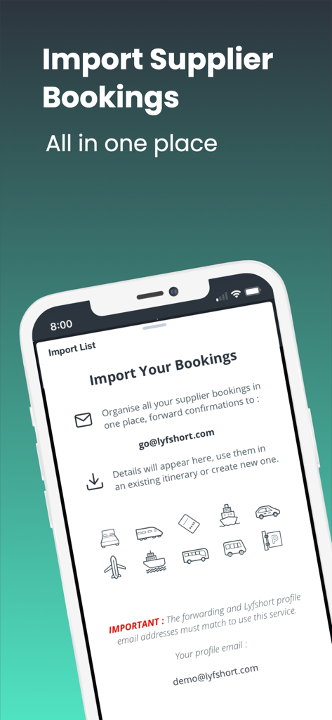 Lyfshort app interface for importing travel booking emails into a central itinerary