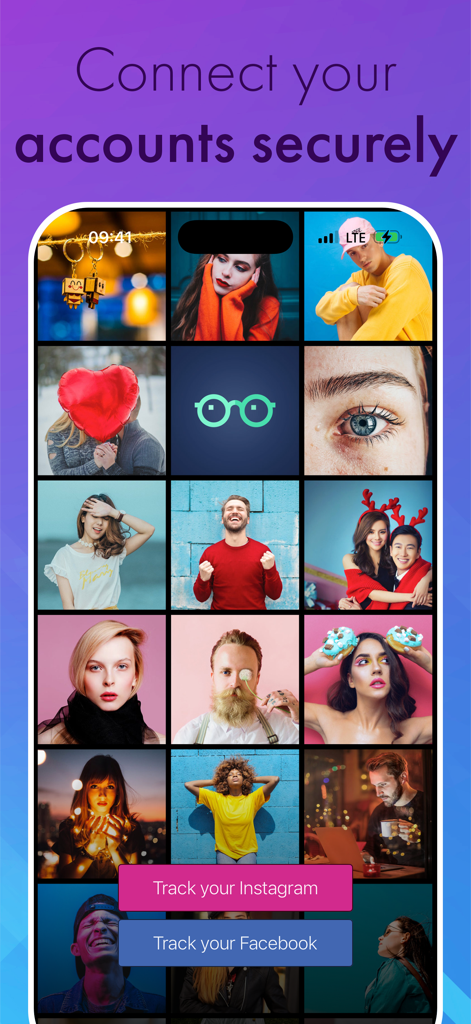 Pantalla de incorporación de la app xView mostrando botones para conectar cuentas de Instagram y Facebook de forma segura.
