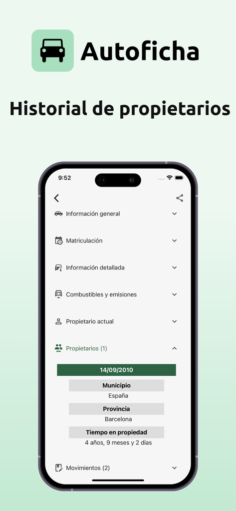 Autoficha - Informe DGT - Interfaccia dell'app Autoficha che mostra il report della storia dei proprietari del veicolo con dettagli di registrazione da Barcellona, Spagna