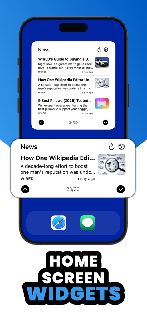 iPhone home screen displaying customizable news widgets from the RSS Reader app.