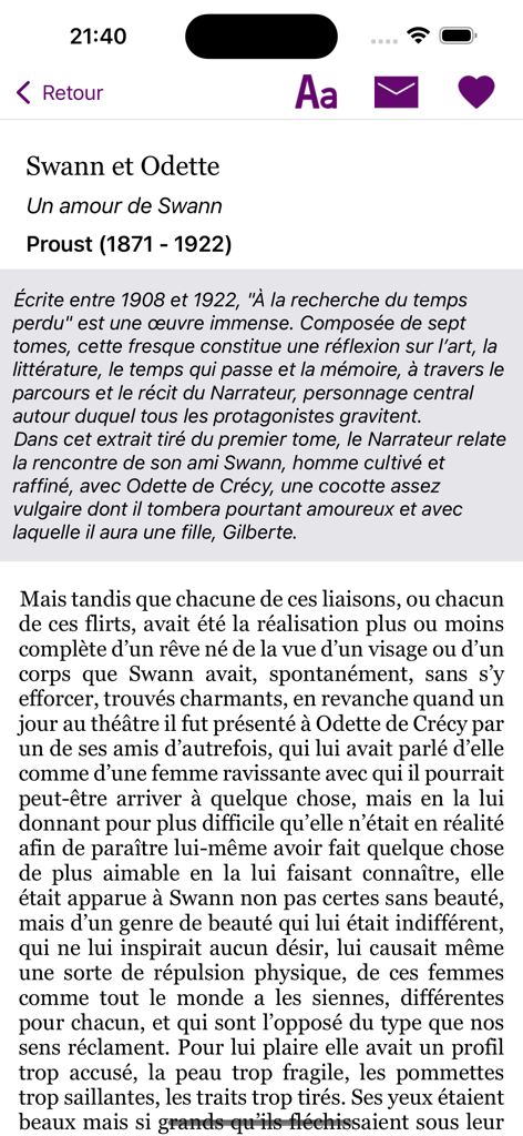 Un Texte Un Jour - Interfaz de la aplicación Un Texte Un Jour mostrando un extracto literario diario de Marcel Proust