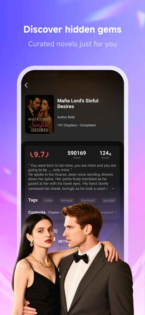 A curated book recommendation screen for a mafia romance novel on the Novelmates app
