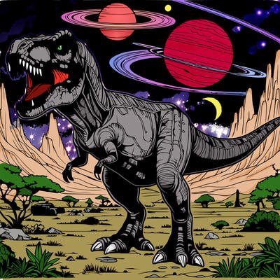 realistic galactic t-rex with a beautiful scenery behind him