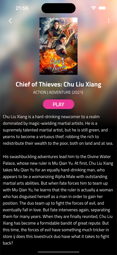 Fresh Drama - Pantalla de detalle de la película Chief of Thieves en la aplicación Fresh Drama con descripción de la trama y botón de reproducción