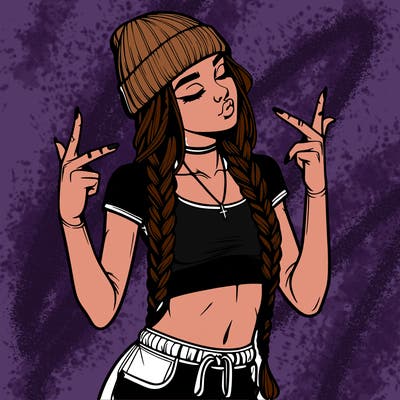 realistic teenage girl with braids and a beanie and crop top doing 🫶🏼