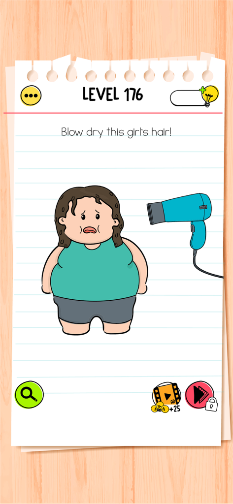 Brain Test All-Star puzzle showing a girl with wet hair and a blue hair dryer on a notebook background.