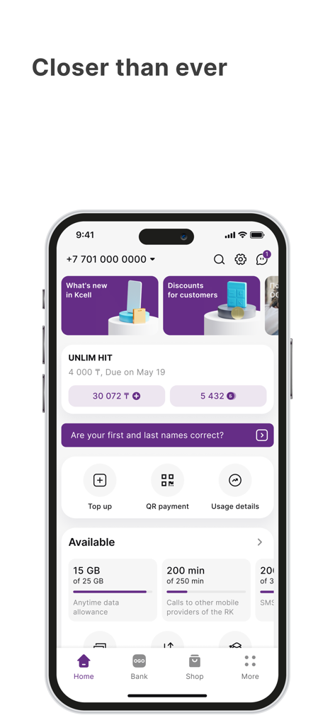 Kcell - Kcell mobile app home screen showing account balance and mobile data usage statistics