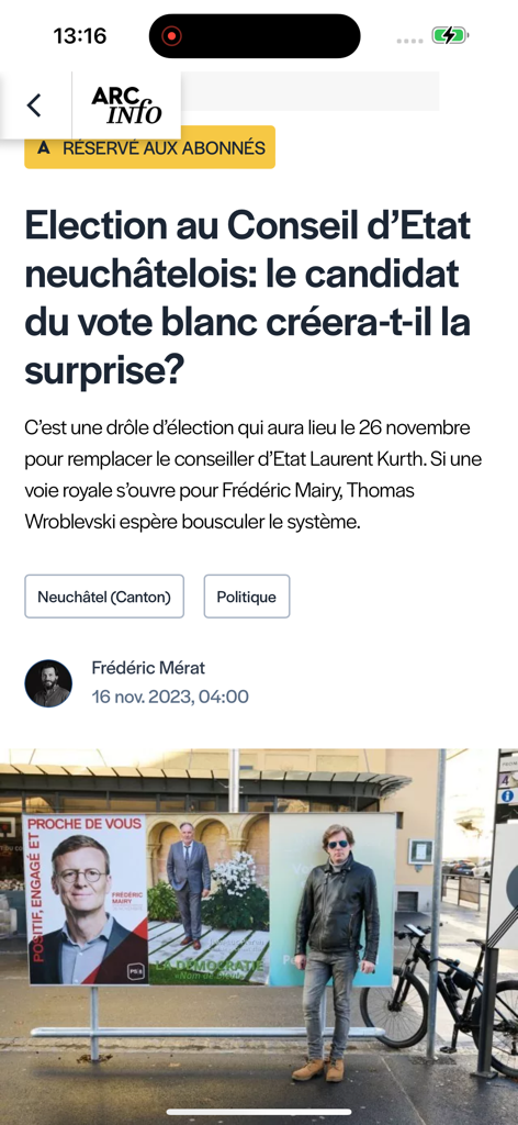 Captura de pantalla de un artículo de noticias de Arcinfo sobre las elecciones del Consejo de Estado de Neuchâtel