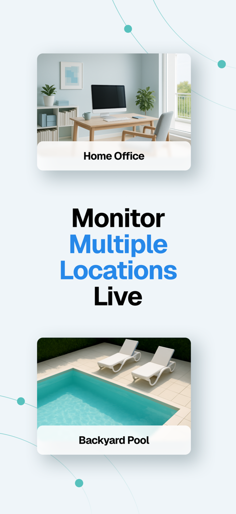 Home Security Camera - Visory - Graphique marketing pour l'application Visory montrant les flux de caméra en direct pour un bureau à domicile et une piscine arrière avec le texte Surveiller plusieurs emplacements en direct.