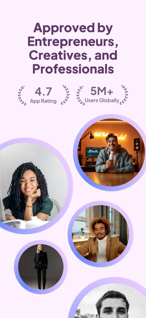 Fluer: Digital Business Card - Grafica promozionale per l'app Fluer che mostra un punteggio di 4,7 e cinque milioni di utenti con ritratti professionali